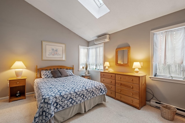 bedroom featuring vaulted ceiling with skylight, light colored carpet, baseboards, baseboard heating, and a wall mounted air conditioner