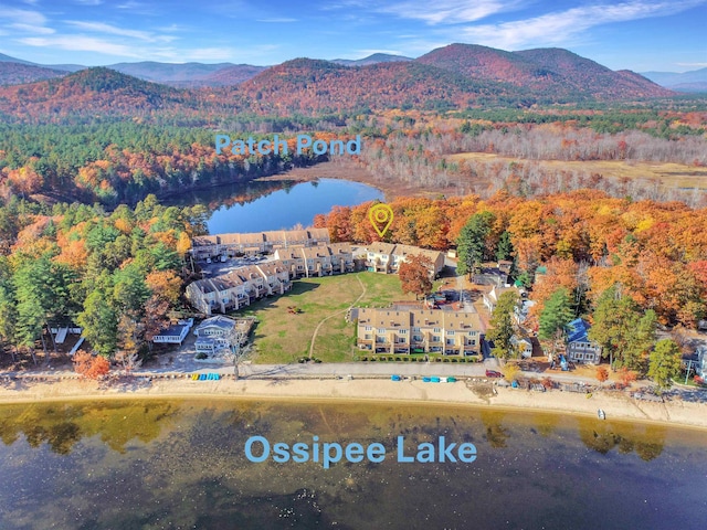 drone / aerial view with a water and mountain view