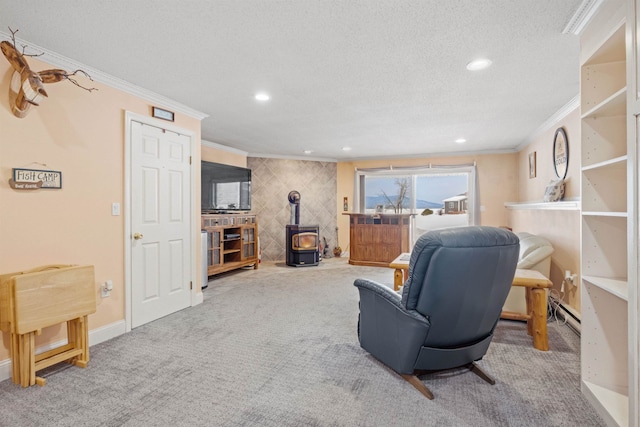 carpeted living area with crown molding, recessed lighting, a wood stove, a textured ceiling, and baseboards