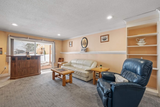 carpeted living room featuring a textured ceiling, recessed lighting, baseboards, and crown molding