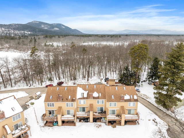 snowy aerial view featuring a mountain view