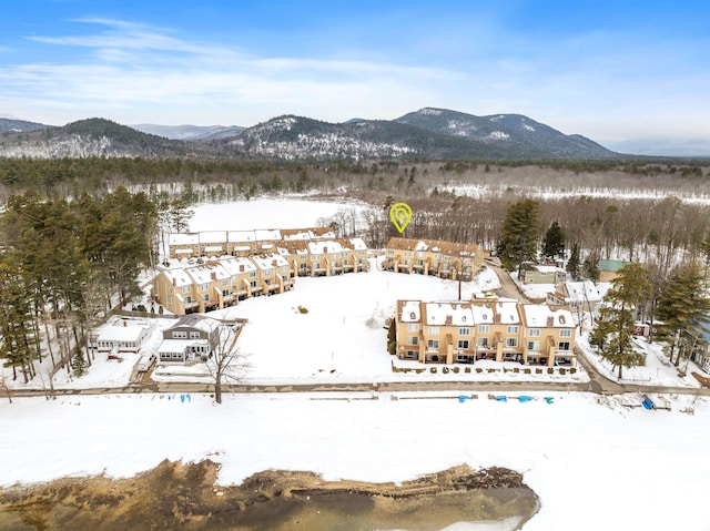 snowy aerial view with a mountain view