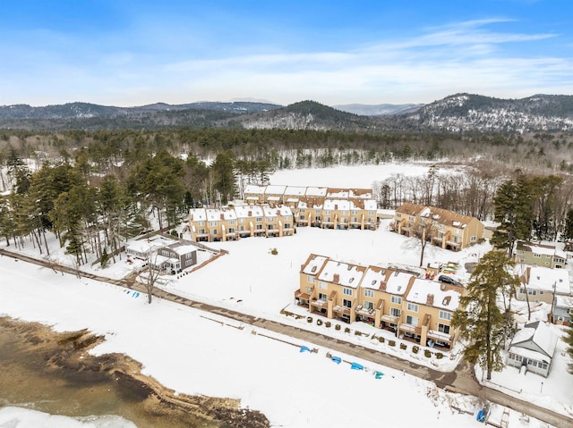 snowy aerial view featuring a mountain view