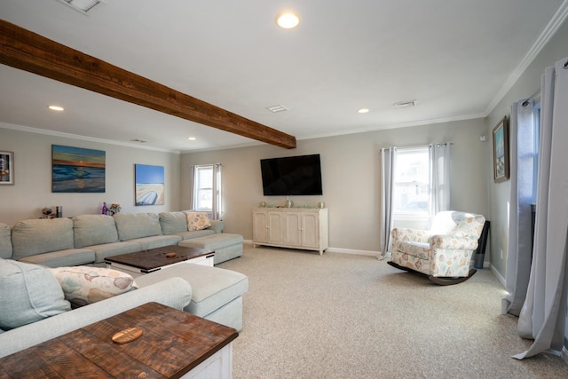 living area featuring crown molding, baseboards, beamed ceiling, and recessed lighting