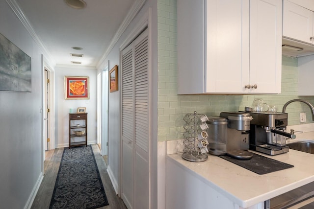 kitchen featuring tasteful backsplash, light stone counters, ornamental molding, white cabinetry, and a sink