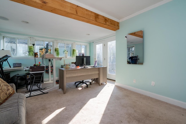 carpeted office space with baseboards and crown molding