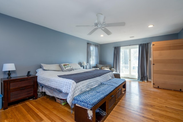 bedroom featuring visible vents, a ceiling fan, access to outside, light wood-style floors, and recessed lighting