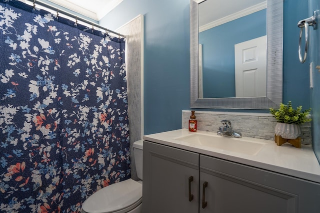 full bathroom with crown molding, backsplash, toilet, and vanity