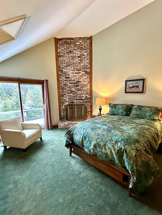 bedroom featuring carpet, a fireplace, high vaulted ceiling, and a textured ceiling