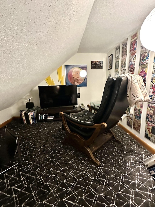 interior space featuring lofted ceiling, a textured ceiling, and carpet flooring