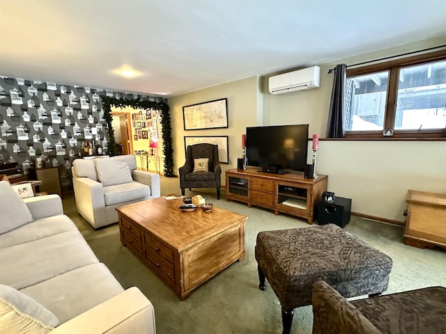 living area with a wall unit AC, baseboards, and carpet flooring