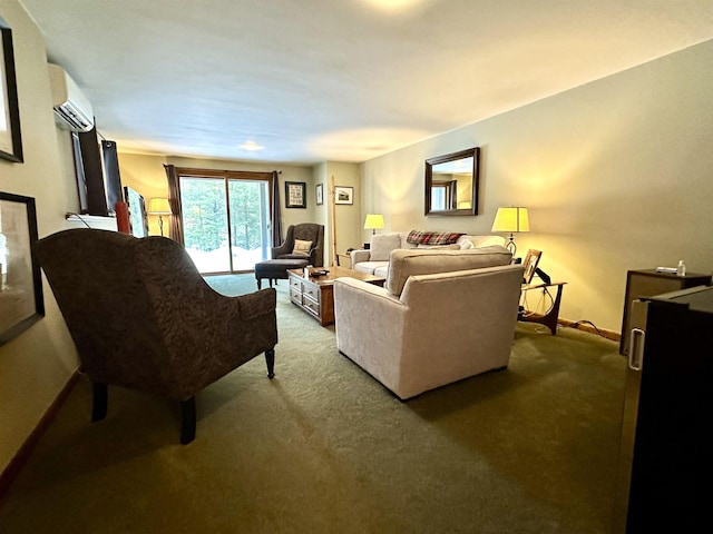 carpeted living room featuring an AC wall unit and baseboards