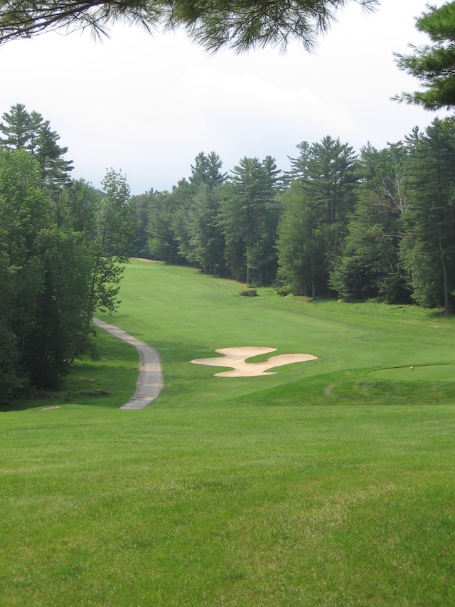 view of community with view of golf course and a lawn