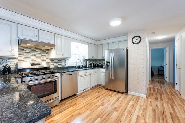 kitchen with appliances with stainless steel finishes, a sink, light wood-style flooring, and under cabinet range hood