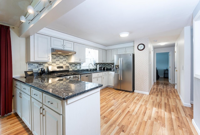 kitchen with stainless steel appliances, a peninsula, light wood-style flooring, and under cabinet range hood