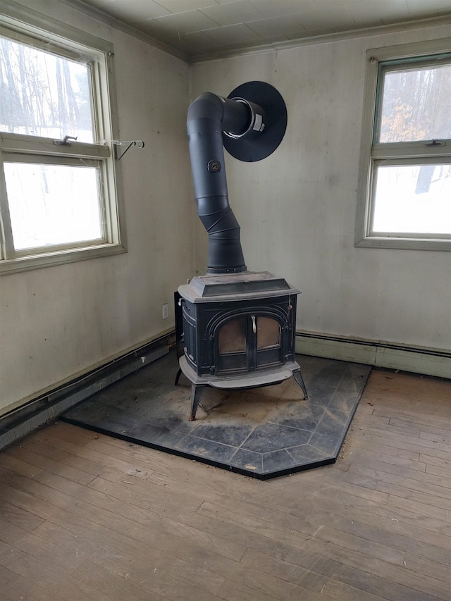 interior details with a wood stove, baseboard heating, and wood finished floors