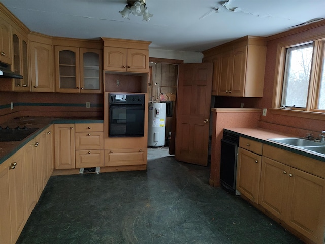 kitchen with dark floors, electric water heater, under cabinet range hood, a sink, and black appliances