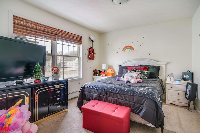 carpeted bedroom with a baseboard heating unit