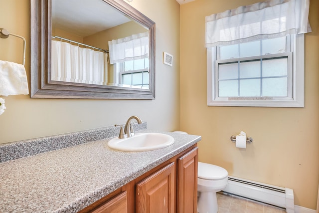 bathroom featuring a shower with curtain, toilet, vanity, and baseboard heating