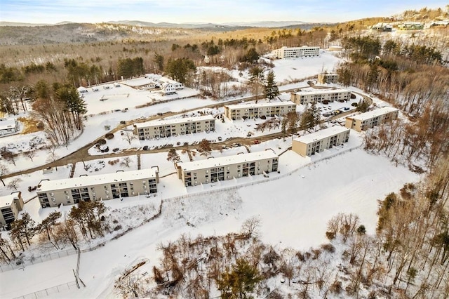 snowy aerial view with a mountain view