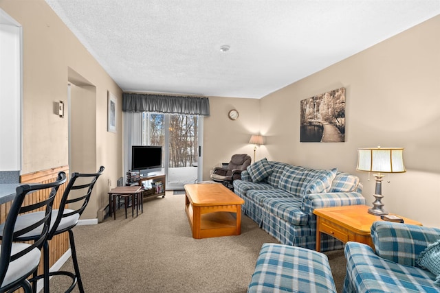 carpeted living area with baseboards and a textured ceiling