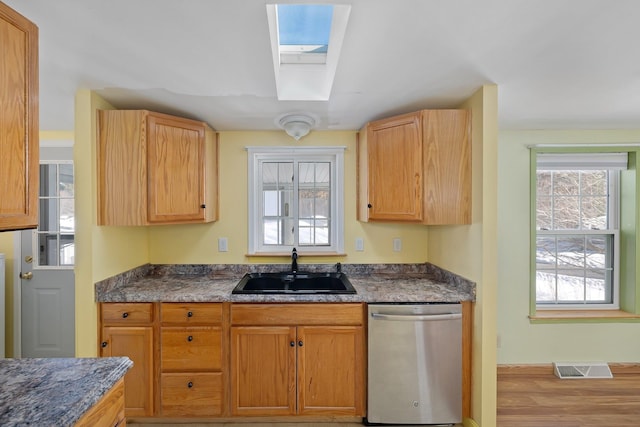 kitchen featuring a skylight, visible vents, dark stone counters, stainless steel dishwasher, and a sink