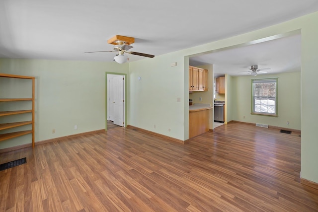 unfurnished living room with ceiling fan, light wood finished floors, and visible vents