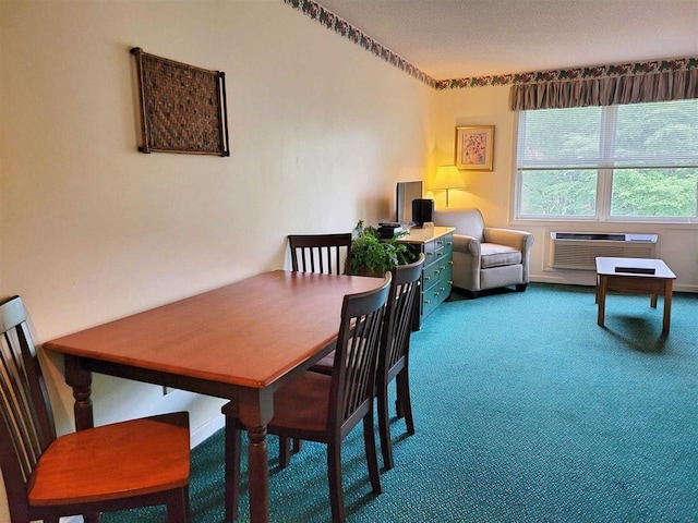 dining space with carpet and a wall mounted air conditioner