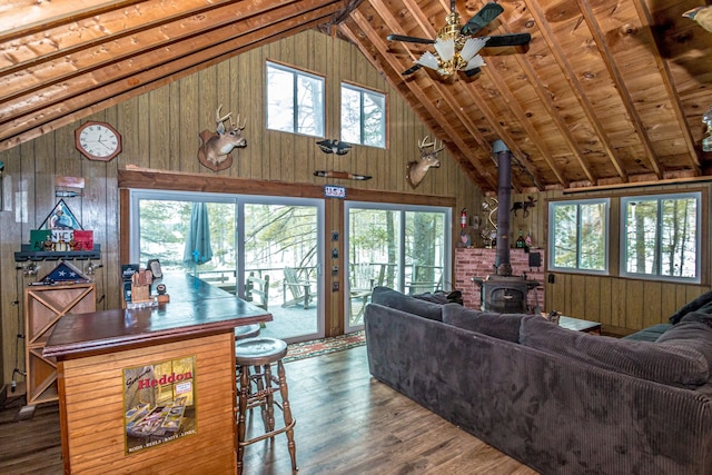 living room with plenty of natural light, dark wood-style flooring, a wood stove, and wood walls