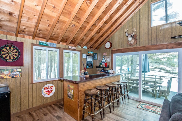 kitchen with baseboards, wood finished floors, a healthy amount of sunlight, and wood walls