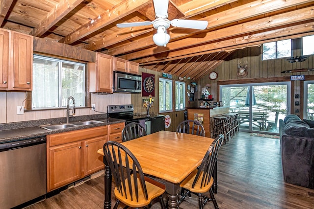 kitchen featuring dark countertops, vaulted ceiling with beams, wood walls, stainless steel appliances, and a sink