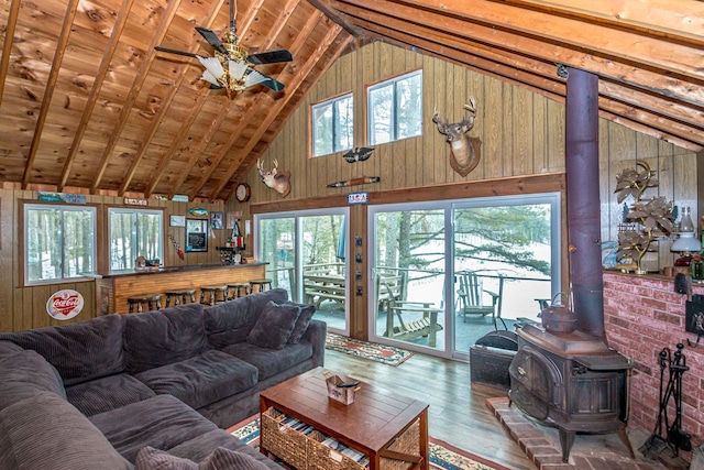 living area with a wood stove, wooden walls, and plenty of natural light