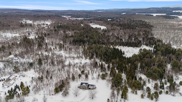 snowy aerial view with a wooded view and a mountain view