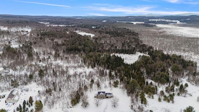 snowy aerial view with a mountain view and a view of trees