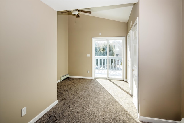 carpeted spare room with ceiling fan, vaulted ceiling, baseboards, and baseboard heating