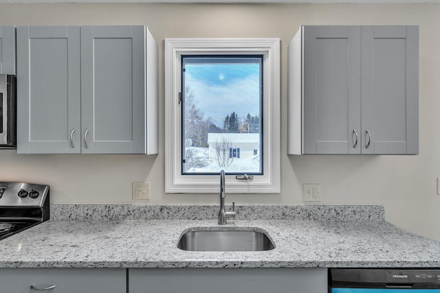 kitchen with appliances with stainless steel finishes, plenty of natural light, gray cabinets, and a sink