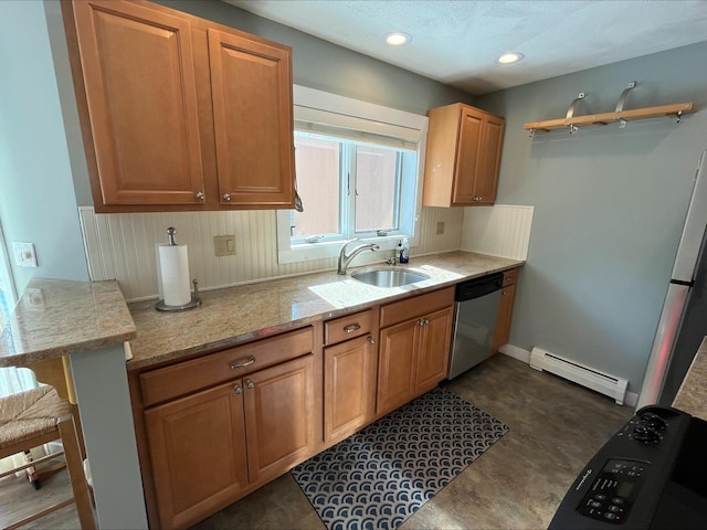 kitchen featuring a baseboard radiator, a sink, stainless steel dishwasher, and light stone countertops