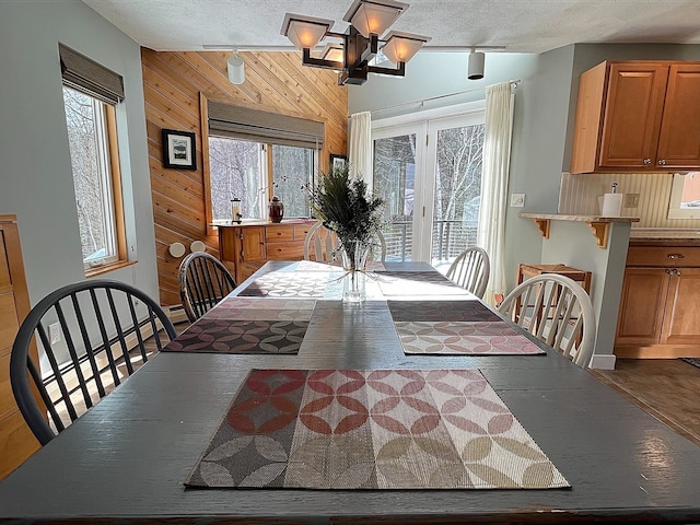 dining room with wood walls, plenty of natural light, a textured ceiling, and wood finished floors