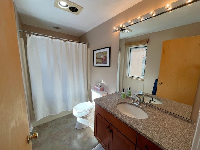 bathroom with toilet, shower / tub combo, and vanity