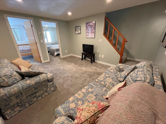 carpeted living room featuring recessed lighting, stairway, and baseboards