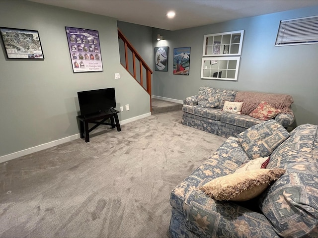 living area with recessed lighting, stairway, carpet, and baseboards