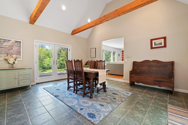 dining room featuring french doors, recessed lighting, high vaulted ceiling, beamed ceiling, and baseboards