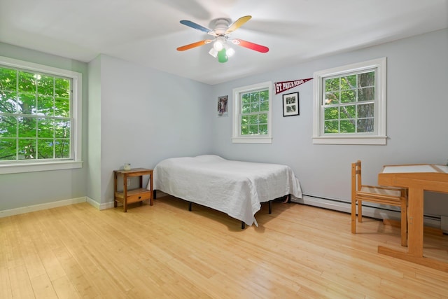 bedroom featuring light wood-style floors, ceiling fan, baseboards, and a baseboard heating unit