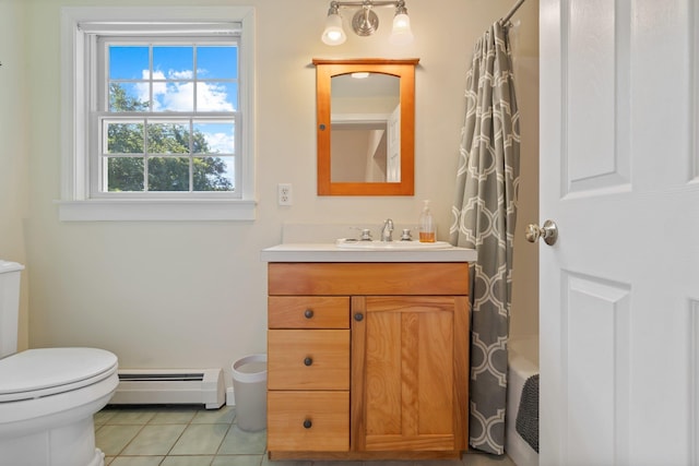 full bath featuring a baseboard radiator, toilet, vanity, tile patterned floors, and shower / bath combination with curtain