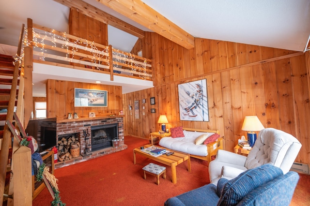 living area featuring lofted ceiling with beams, wood walls, a fireplace, and carpet flooring