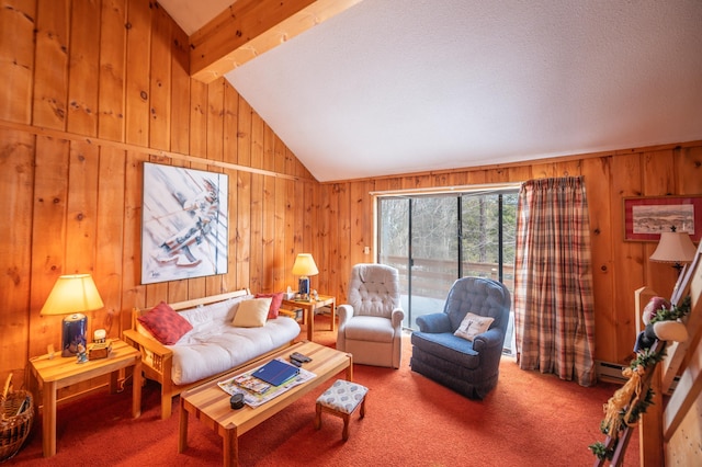 carpeted living area featuring wooden walls, a baseboard radiator, and lofted ceiling with beams