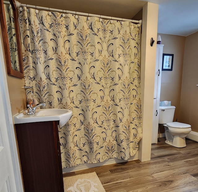 bathroom with vanity, a shower with shower curtain, wood finished floors, and toilet