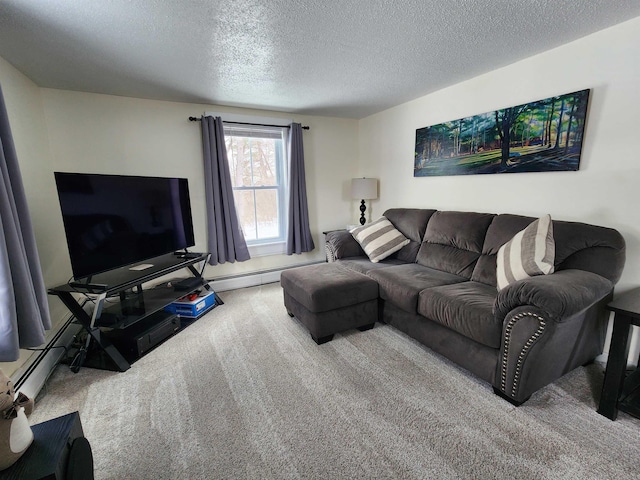 carpeted living room with a baseboard radiator and a textured ceiling