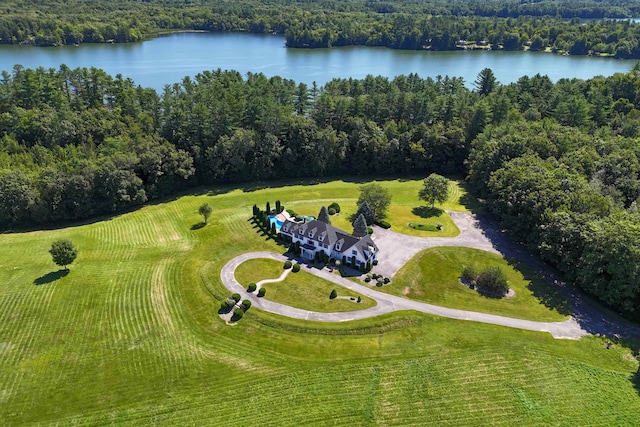 bird's eye view with a water view and a wooded view