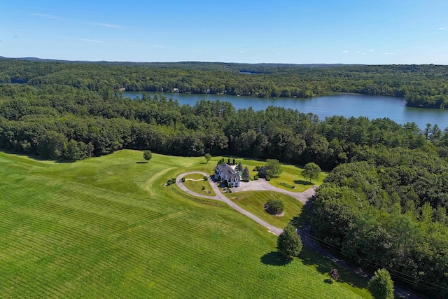 drone / aerial view featuring a water view and a view of trees